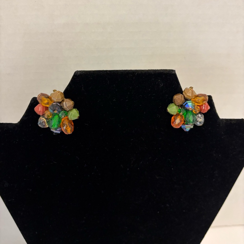 Vintage Clip On Earrings Multicolored Faceted Cluster Signed Germany